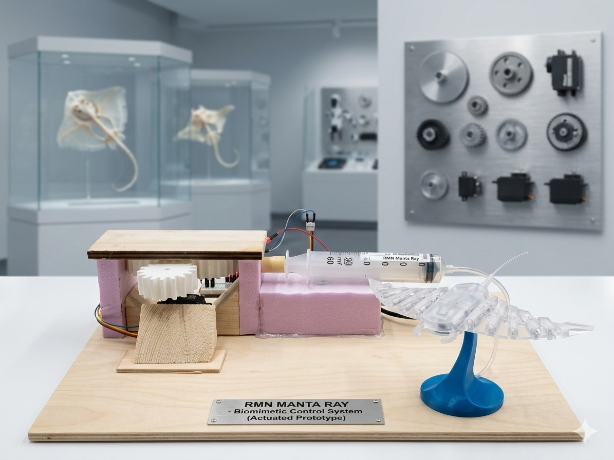 Manta Ray — Workbench with gears, motor, syringe actuator, and manta body