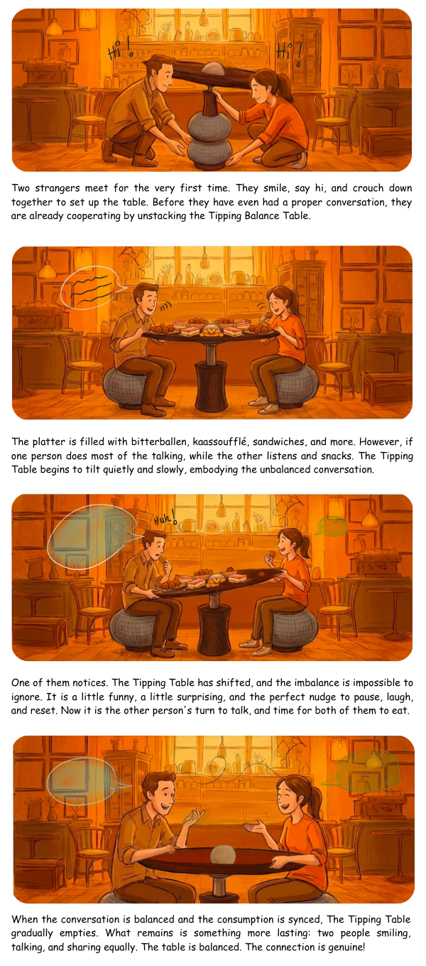 Tipping Balance — Illustrated storyboard of strangers meeting and interacting