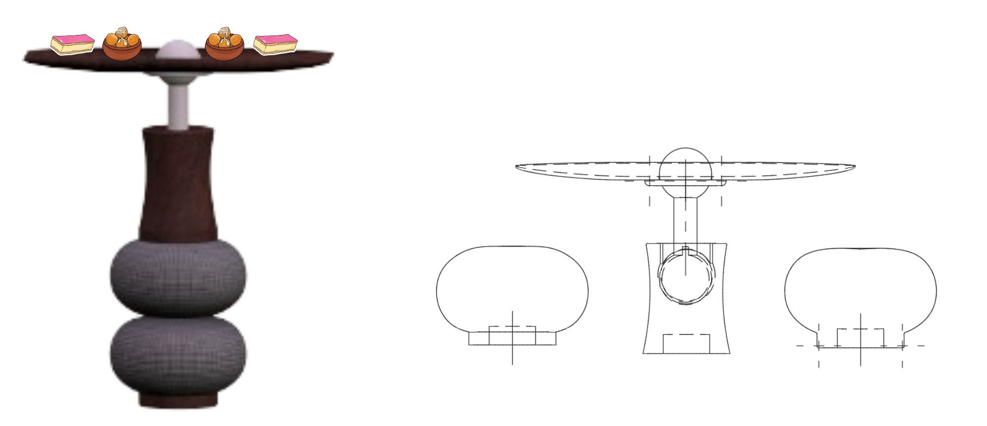 Tipping Balance — 3D render alongside orthographic technical drawings