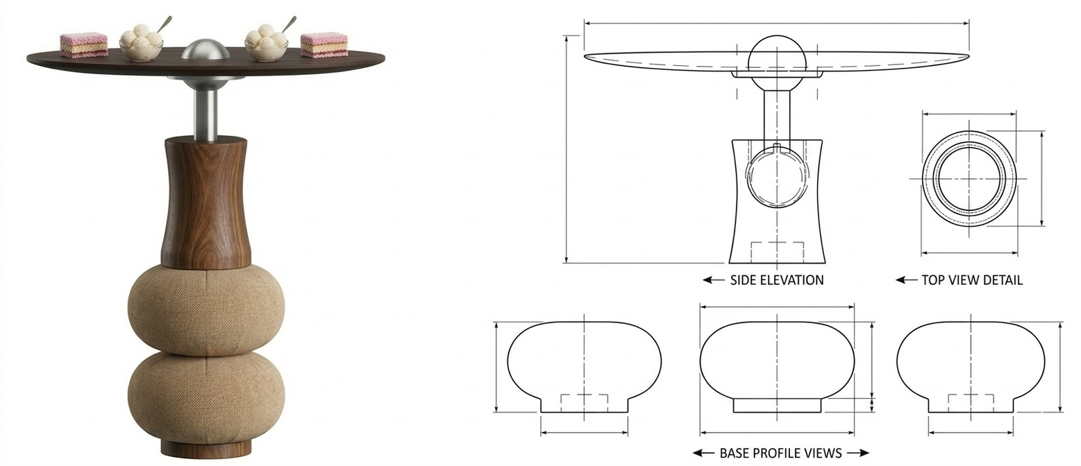 Tipping Balance — 3D render alongside orthographic technical drawings