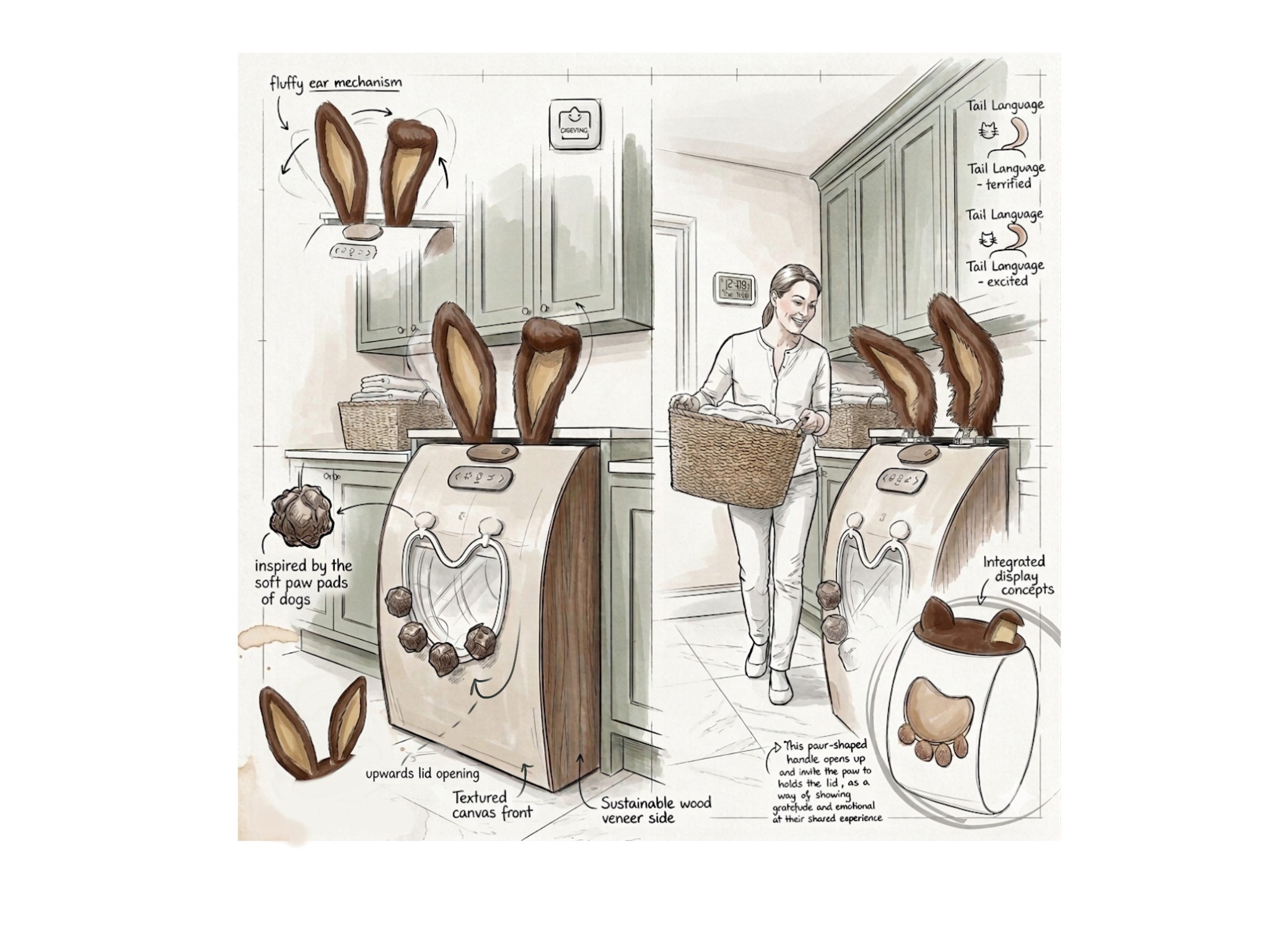 FloppyWash — Six-panel storyboard of the user experience journey