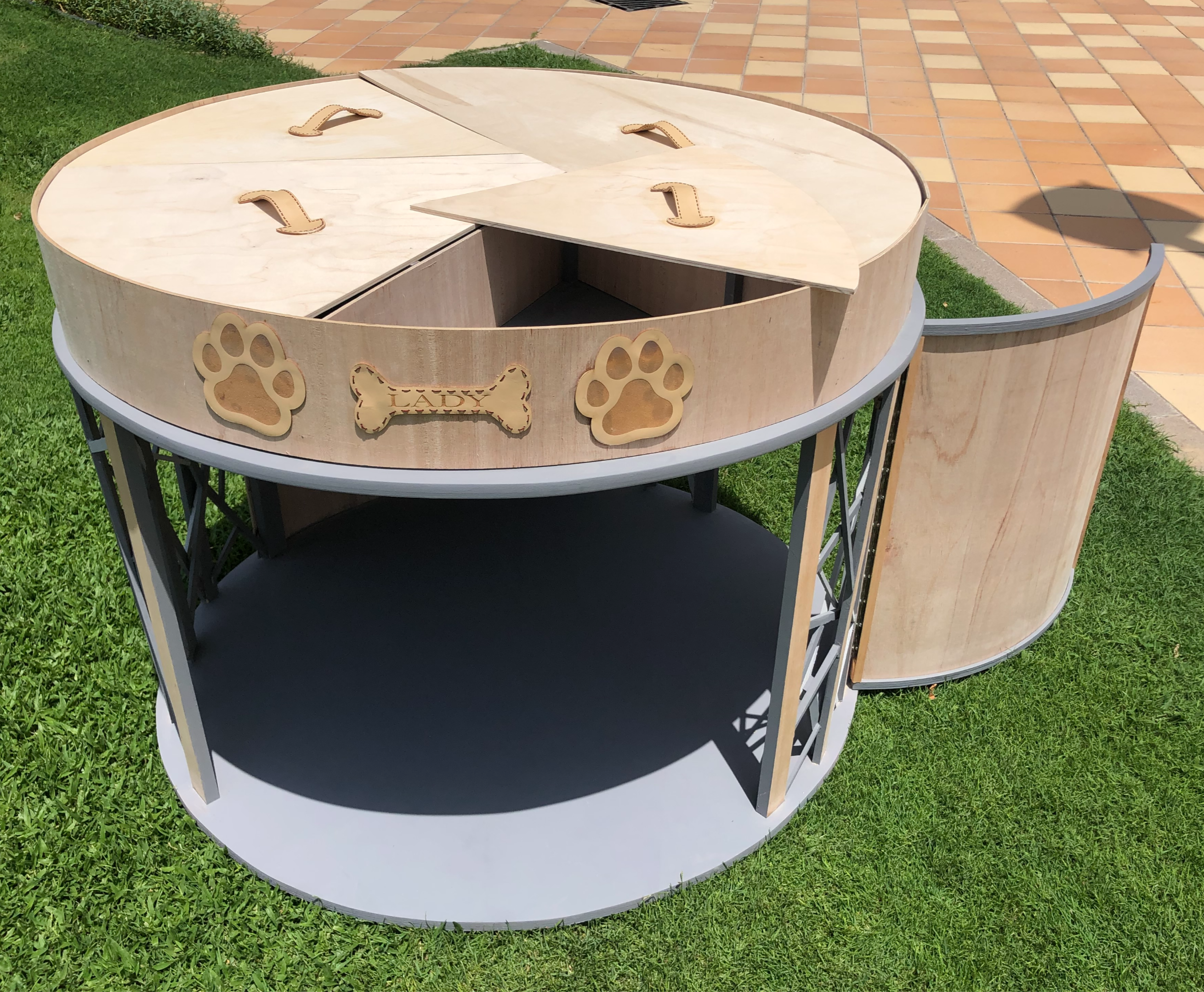 PawHaven — Open top view showing modular storage compartments with paw and bone decorations
