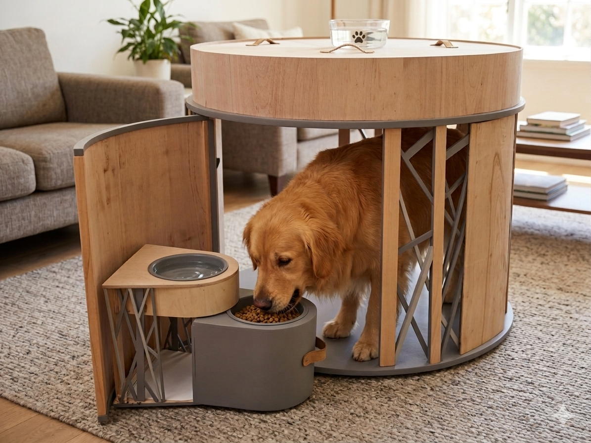PawHaven — Front view showing lattice structure, food bowls, and open entrance