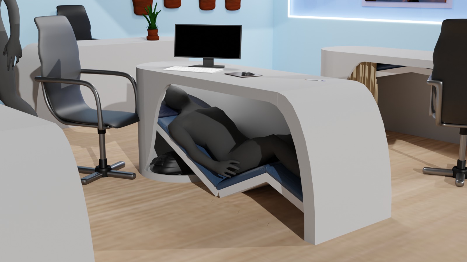 PowDesk — Feature breakdown: soundproof walls, speakers, zero-gravity position