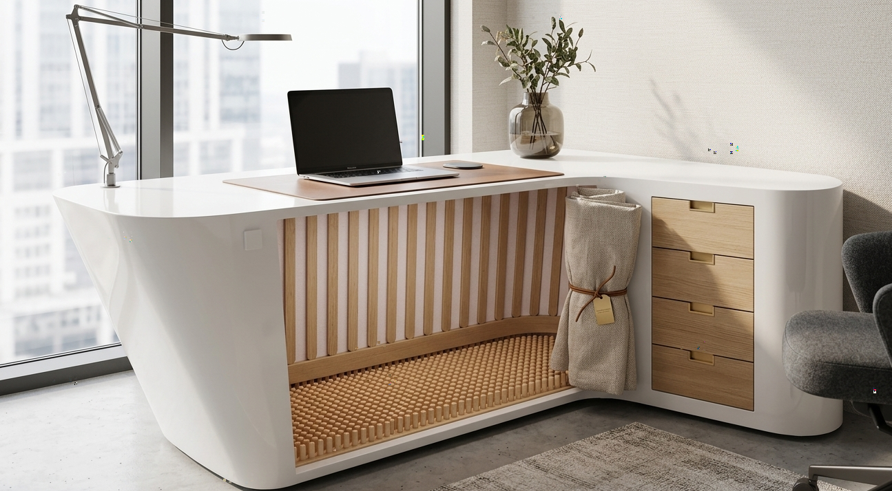 PowDesk — Earlier design iteration with open pod and storage drawers