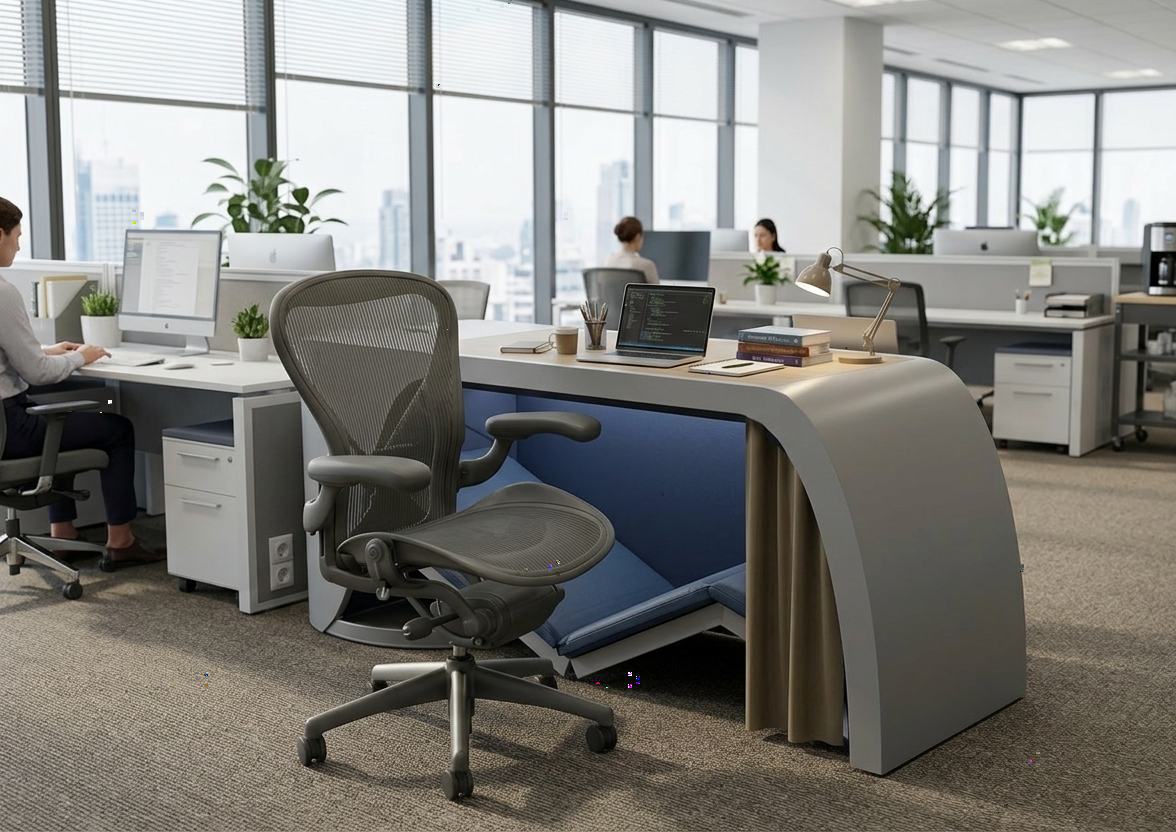 PowDesk — Render of PowDesk integrated in an open office environment
