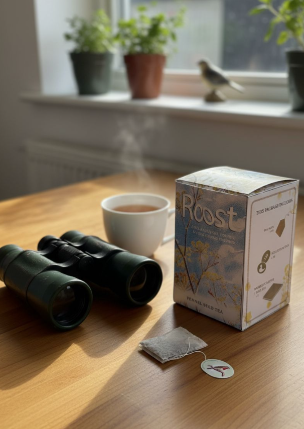 Roost Tea — Product packaging with tea, binoculars, and bird figurine